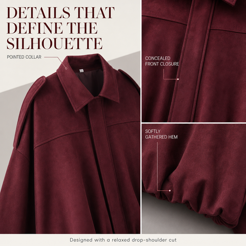 Women's Faux Suede Bomber Jacket Oversized Lapel Jacket with Long Sleeves