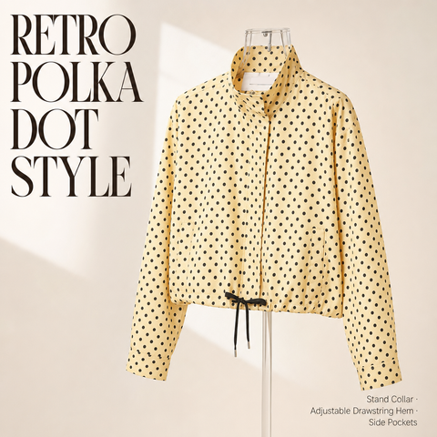 Women's Polka Dot Cropped Jacket Stand Collar Zip Up Jacket with Pockets