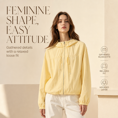 Women's Hooded Jacket Loose Fit Drawstring Hem Coat with Pockets
