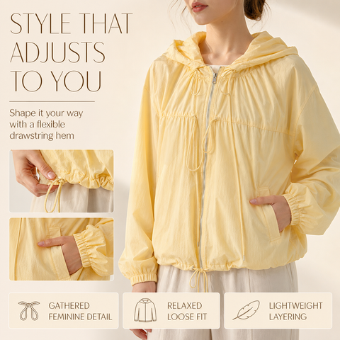 Women's Hooded Jacket Loose Fit Drawstring Hem Coat with Pockets