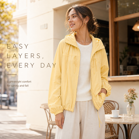 Women's Hooded Jacket Loose Fit Drawstring Hem Coat with Pockets