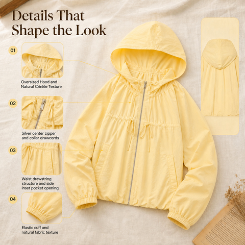 Women's Hooded Jacket Loose Fit Drawstring Hem Coat with Pockets